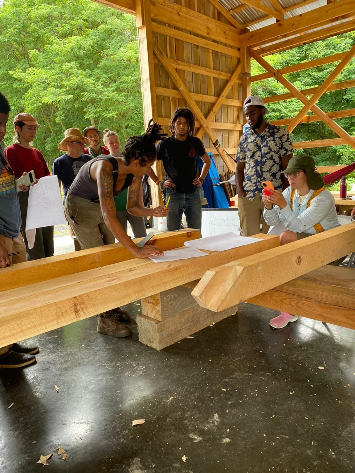 Traditional timber frame joinery layout during class