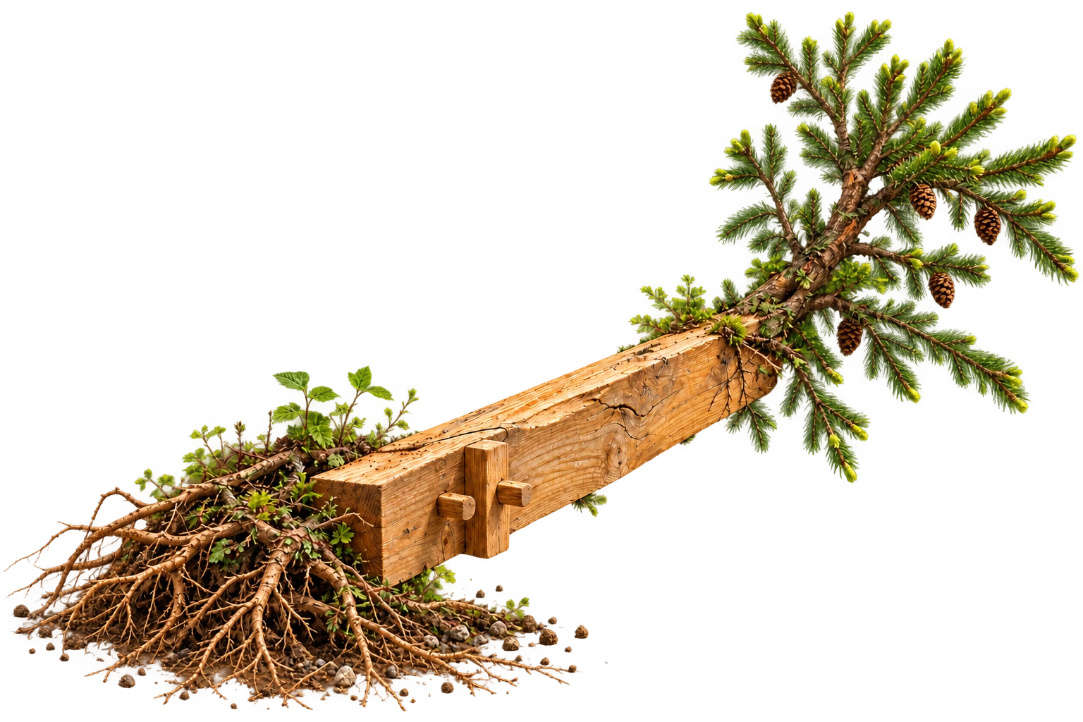 Illustration of a pegged hemlock timber joined to living evergreen branches and roots, expressing Dom’s building and growing skills.